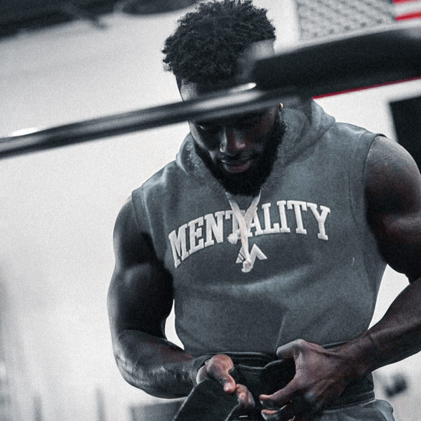 VARSITY SLEEVELESS FITTED HOODIE - GRAY