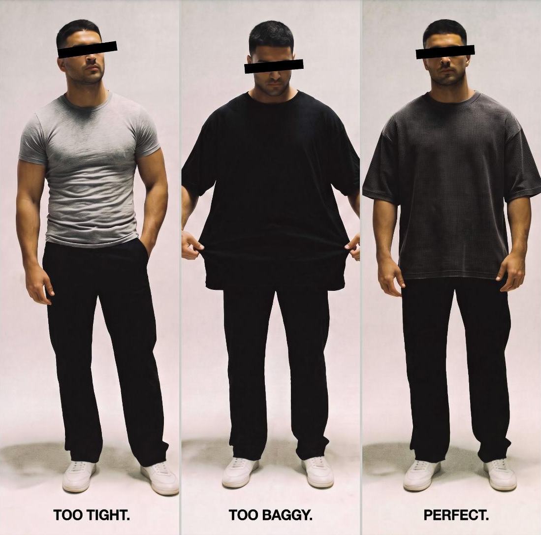 The same man in three tees: too tight, too baggy, and the Mentality waffle tee that fits.