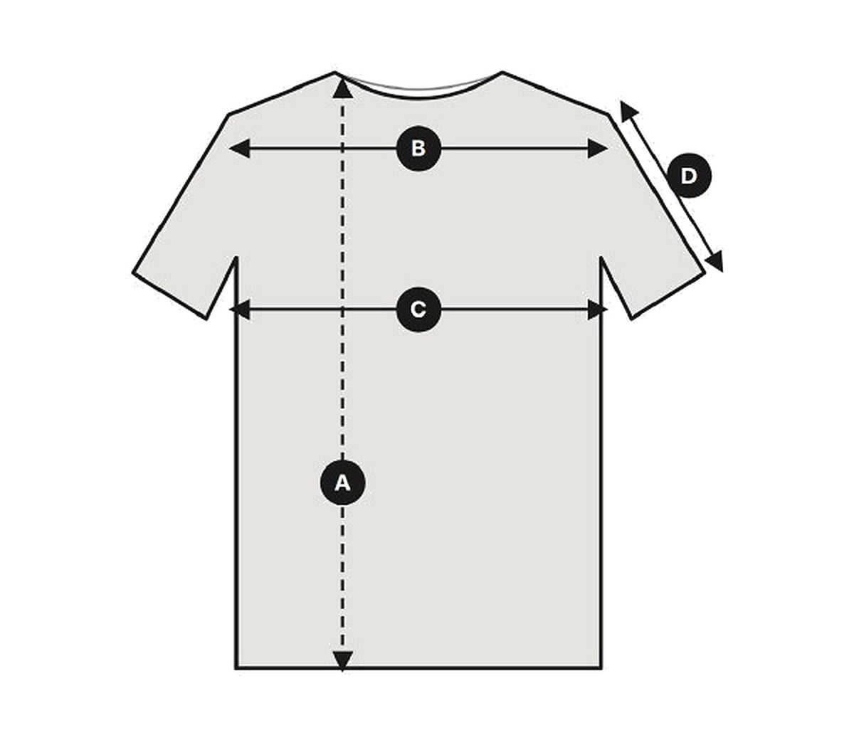 Gray Collection tee measuring diagram: A length, B shoulder, C chest, D sleeve length