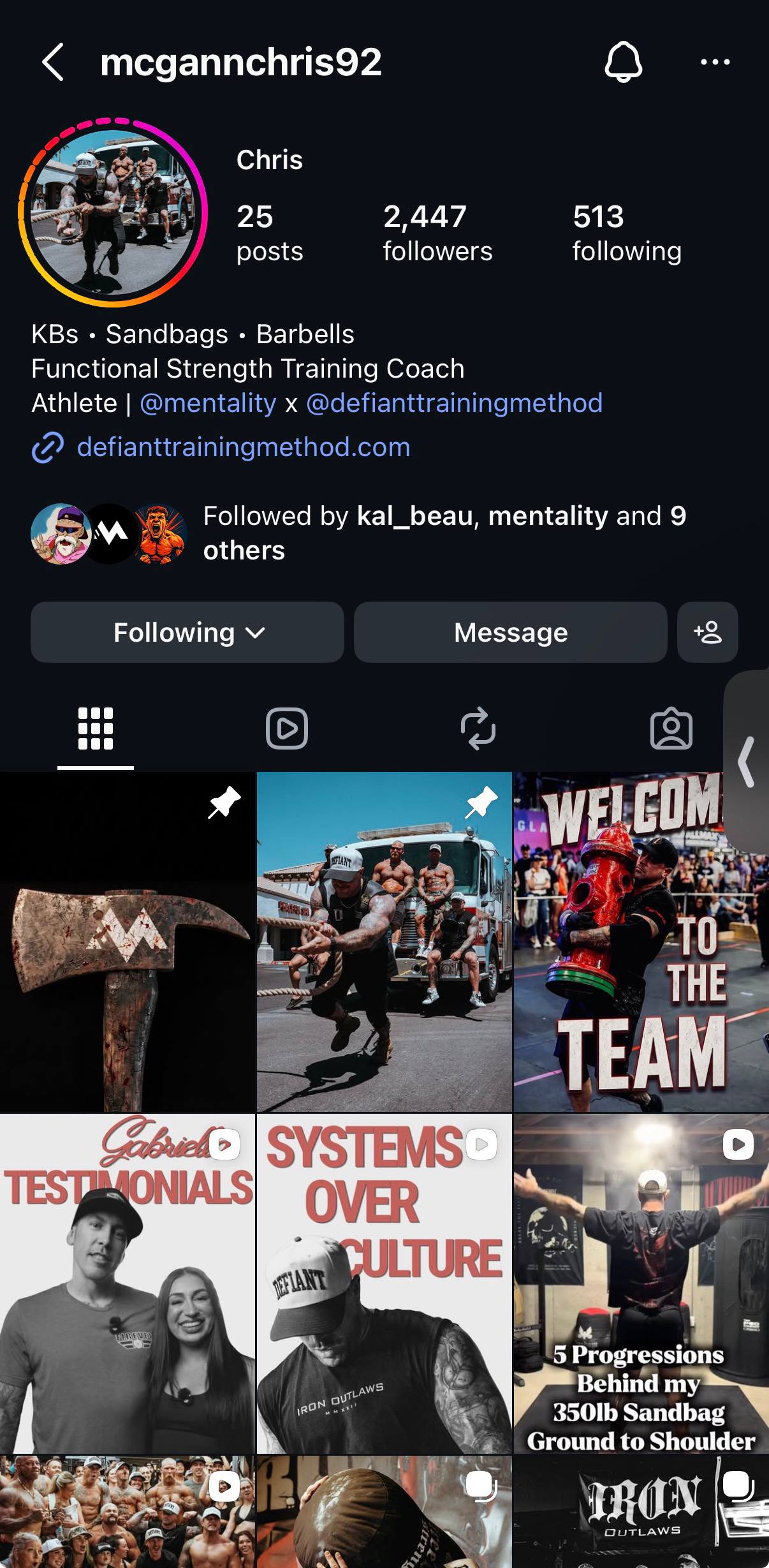 Instagram profile of Mentality athlete Chris McGann, @mcgannchris92